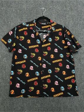 Men's Black Pac-Man Print Short Sleeve Button-Down Shirt